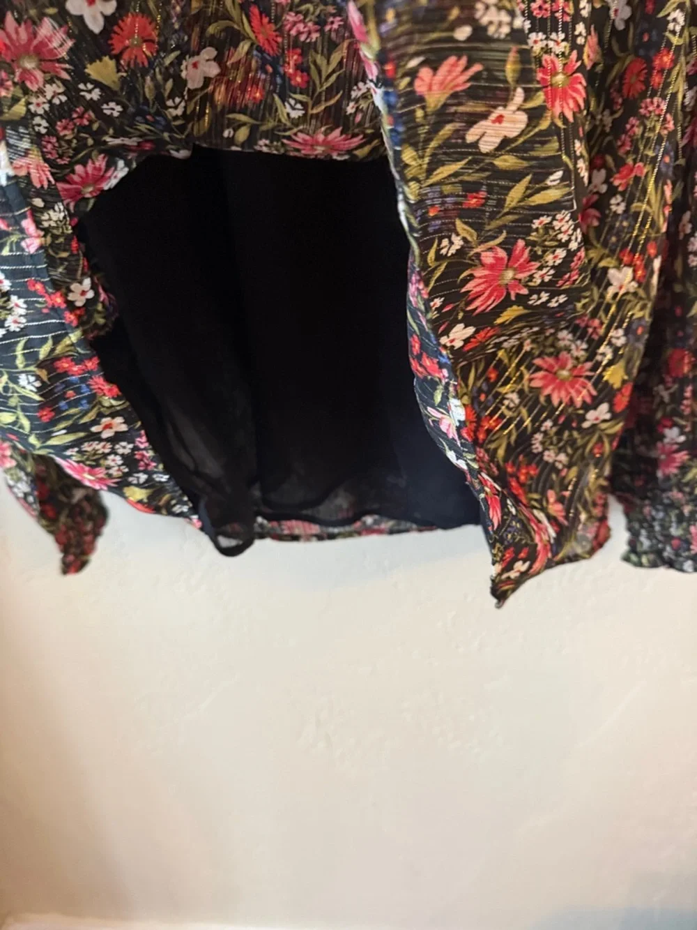 Old‎ Navy Black Floral Smocked-Neck Blouse with Pink and Red Flowers
